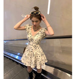 Ebbgo  Puff Sleeve Chiffon Dress Y2K Women's Dress Floral One Pieces Korea Flower V Neck Sundress Mini Skirt Vacation Party Dress