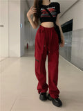 Ebbgo  -  American Red Overalls Women's Loose Straight Leg Wide Leg Casual Pants Summer Design Feeling Wide Leg Pants High Street Trousers