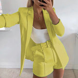 Ebbgo  -  Casual Solid Shorts Suit Women Work 2 Piece Set Turn Down Collar Coat Top Shorts Two Piece Outfit Business Suits