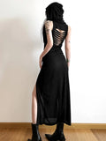 Ebbgo  -  Black Y2k Hooded Sleeveless Long Dresses Women Lace Up Cut Out Backless Dress Streetwear Summer High Split Vestidos Cool Girl