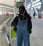 Ebbgo  -  Fall Loose Sleeveless Age Reducing Large Pocket Student Denim Suspenders Show Thin Straight Tube Mopping Casual Wide Leg Trouser