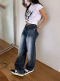 Ebbgo   American Vintage Washed Blue White Denim Pants Summer High Waist Straight Trousers Y2k Grunge Loose Wide Leg  Women