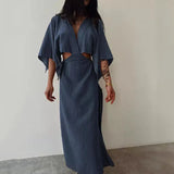 Ebbgo  -  Cotton Linen V-neck Party Dress Elegant V-neck Split Backless Hollow Solid Long Dress Women Casual Bat Sleeve Loose Maxi Dresses