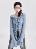 Ebbgo  -  Autumn Women Korean Fashion Design Flare Sleeve Chiffon Shirt Ruffle V Neck Blouse Top Set Aesthetic Clothes