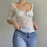 Ebbgo   Fairy Coquette Floral Lace T-shirt Low Cut Front Tie Up White Tees Chic Women Vintage Y2K Milkmaid Crop Tops Clothes