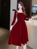 Ebbgo  -  Women Chic A-line Evening Party Dress Korean Elegant Long Sleeve Square Neck Vestidos Female Luxury Spring Clothes Mujers