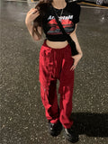 Ebbgo  -  American Red Overalls Women's Loose Straight Leg Wide Leg Casual Pants Summer Design Feeling Wide Leg Pants High Street Trousers