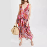 Ebbgo  -  Spring Floral Print Chiffon Holiday Beach Dress Women Sexy V Neck Backless Sling Long Dress Summer Sleeveless Pleated Maxi Dress