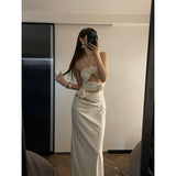 Ebbgo  2024 Summer White Dress Woman Sexy Stereo Flowers Design Halter Sleeveless Elegant Party Evening Long Dress Vestidos