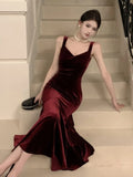 Ebbgo  -  Elegant Burgundy Party Prom Dress Spring Summer Solid Sleeveless Velvet Wedding Robe Lady Bodycon Spaghetti Strap Vestido Mujers