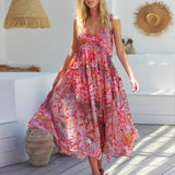 Ebbgo  -  Spring Floral Print Chiffon Holiday Beach Dress Women Sexy V Neck Backless Sling Long Dress Summer Sleeveless Pleated Maxi Dress