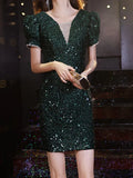 Ebbgo  Sequins Dress for Women Summer New Short Puff Sleeve V Neck Slim Dresses Evening Elegant Spliced Shiny Mini Vestidos