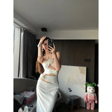 Ebbgo  2024 Summer White Dress Woman Sexy Stereo Flowers Design Halter Sleeveless Elegant Party Evening Long Dress Vestidos