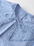 Ebbgo  - Blue Striped Lace Up Shirt for Women Doll Collar Flare Sleeve Lapel Female Blouses Spring Summer Casual Loose Lady Crop Top