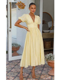 Ebbgo   V-neck Yellow Puff Sleeve Split Solid Summer Women Dress 2024 A-line Maxi Long Sundress Vestido Button Beach Dress Party