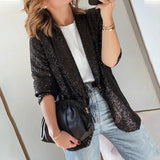 Ebbgo  -  Elegant Lapel Collar Long Sleeve Sequins Blazer Women Loose Silver/Black Cardigan Shiny Blazers Coat Evening Runway Party Jacket