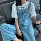 Ebbgo  -  Fall Loose Sleeveless Age Reducing Large Pocket Student Denim Suspenders Show Thin Straight Tube Mopping Casual Wide Leg Trouser