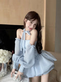 Ebbgo  Sweet Slash Neck Strapless Fluffy Dress Women Fashion Collarbone Cuff Stripe Spicy Girl Korean Fashion Slim Summer Party Wear