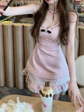 Ebbgo  Pink Sexy Patchwork Lace Mini Dress For Women V-neck High Waist Spaghetti Strap Dress Female Clothing