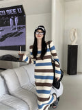 Ebbgo  -  French Slim Striped Knitted Dress For Women Korean Chic Autumn Long Sleeved Split Midi Dresses New