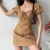 Ebbgo  -  Summer New French Sexy Square Neck Lace Up Bubble Sleeves Slimming Dress Women's Slim Fit A-line Short Skirt