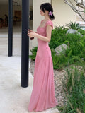 Ebbgo  -  New Elegant Fashion Summer Pleats Dresses for Women Drawstring Evening Party Korean Pink Bodycon Female Clothing