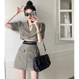 Ebbgo  Retro Suit Jacket A-line Skirt Two-piece Set Women Lapel Bubble Sleeve Single Breasted Temperament Fashion Solid Slim Summer Set