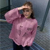 Ebbgo   -  Fashion Hollow Out Y2k Cropped Knit Jumper Tops Long Sleeve T-shirt Harajuku Oversized Streetwear O-neck Sexy Beach Sweater New