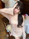 Ebbgo  -  Korean Fashion 2 Piece Dress Sets Summer Beach Sexy Party Women Lace Floral Irregular Strap Mini Dress + Casual Cardigan