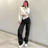 Ebbgo  American Vintage Black White Patchwork Pants Sexy Hot Drawstring High Waist Trousers Y2k Streetwear All-match Straight Bottoms