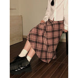 Ebbgo  Vintage Plaid Woolen Skirts Ladies 2024 Spring Autumn Fashion Korean A-Line Loose Casual Women High Waist Midi Pink Plaid Skirt