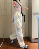 Ebbgo  -  Pants Women's Pink Jeans High Waist Straight Pants Spring American Loose Overalls Wide Leg Pants