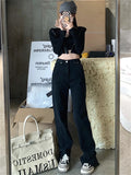 Ebbgo  Black Pants Women Denim New Split Straight Loose Wide Leg  Slim Casual Office Lady All Match Streetwear Jeans