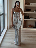 Ebbgo  -  Sexy Sling Backless Silvery Maxi Dresses For Women Fashion High Waist Bodycon Sleeveless Robes Female Evening Party Vestidos