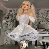 Ebbgo  -  Lolita Princess Black Gothic Sexy Mini Bad Girl Dress Japanese Kawaii High Waist Puff Sleeve Lace Ruffles White Party Robe Women