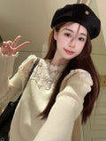 Ebbgo  Sweet Lace Patchwork Knitwear Women Korean O-neck Print Patchwork Elastic Slim Chic temperament Spring Female Pullover Sweater