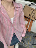 Ebbgo  Pink Shirts Stripes All Match Streetwear Women Spring Lazy Style Chic Loose Fashion New  Office Lady Casual