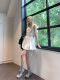 Ebbgo   New Summer White Spaghetti Strap Dress for Women Pure Temptation Style Sleeveless Pleated Sexy Short Dress