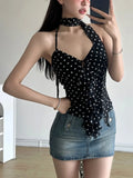 Ebbgo  Streetwear Irregular Ruffled Women Backless Camisole Vintage Wave Point Print Tanks Summer Grunge Sexy Y2k Aesthetic Crop Top