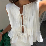 Ebbgo  -  Elegant White Set 2 Piece Woman Chic Lace Up O Neck Ruffled Edge Short Top New In Matching Sets Summer Female Street Outfit