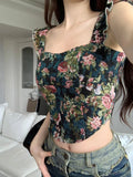 Ebbgo  Floral Print French Vintage Vest Women Ruffles Korean Fashion Sexy Tank Top Female Holiday Party Elegant Designer Camis  New