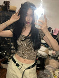 Ebbgo  2024 Summer Grunge Leopard Print Harajuku Tops Y2k Aesthetic Lace Patchwork Slim Fit Crop Tees Streetwear Vintage Fairy T-shirts