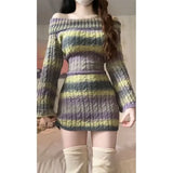 Ebbgo  -  Early Autumn Off Shoulder Striped Vestidos Mujer Y2k Slim Waist Bodycon Dress for Women New Long Sleeve Knitted Dresses