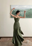 Ebbgo  Elegant Emerald Green Irregular Patchwork Evening Party Dress High Waist Spaghetti Strap Pleated Hem Prom Gown For Women