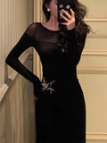 Ebbgo  Elegant Knitted Dress Women Long Sleeve Mesh Bodycon Mermaid Autumn Winter Slim Solid Evening Party Embroidery Vestidos New