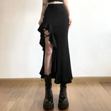 Ebbgo  Sexy Black Bodycon Long Skirt Women Gothic Ruffles Patchwork Split High Waist Slim Irregular Midi Skirts Y2k Streetwear