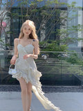 Ebbgo  -  Summer New Spicy Girl Irregular Ruffle Edge Fragmented Flower Hanging Strap Dress