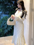 Ebbgo  Elegant Lace Midi Dress Women  V-neck Flare Sleeve Slim Mermaid Autumn Spring Vintage Evening Party Prom Robe Vestidos Mujer New