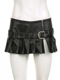 Ebbgo  -  Sexy Slim A-Line Pleated Split Skirt With Sashes Solid Metal Buckle Low-Waisted Super Mini Skirts Women Summer