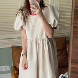 Ebbgo  Korean Chic Summer  Round Neck Robe  Contrast Color Lace Bow Polka Dot Puff Sleeve Women Midi Dress